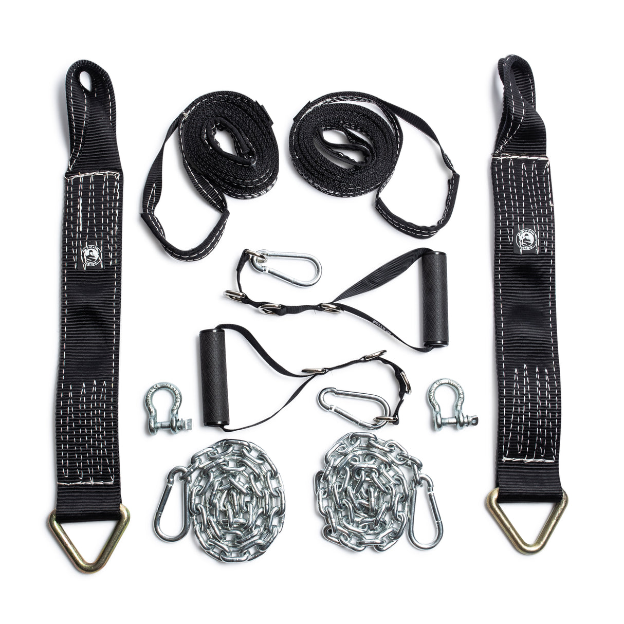 An image features black exercise straps with metal hardware like carabiners, handles, and chains neatly arranged. These are the Bells of Steel Suspension Spotter Straps And Bodyweight System for strength training or suspension workouts against a plain white background.