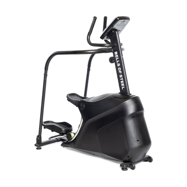 The Bells of Steel Blitz Stepper is a sleek black step machine with handlebars, a padded seat, pedals, and a digital display—ideal for indoor workouts and low impact cardio.