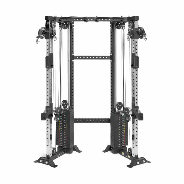 The Bells of Steel Functional Trainer Cable Tower features dual adjustable pulleys, weight stacks on each side, a sturdy metal frame, and various handles. This versatile cable machine is perfect for strength training and adapts to any fitness routine.