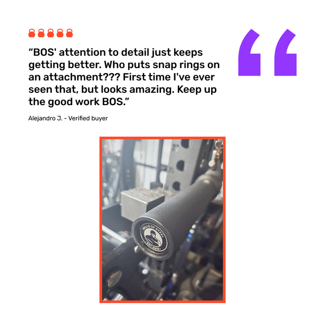 A customer review praises Bells of Steel for attention to detail in fitness gear, highlighting snap rings on the Fat Bar - Straight Handle Bar. Below is a close-up photo of a black Bells of Steel barbell on gym equipment.