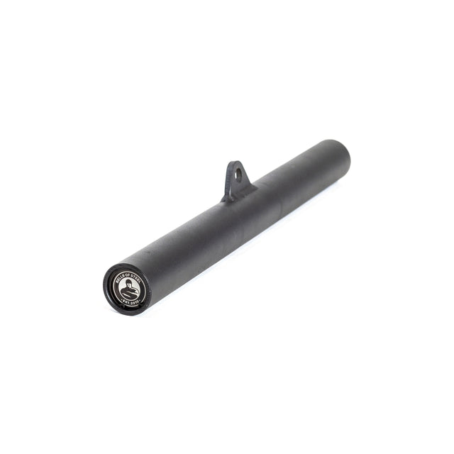 The Bells of Steel Fat Bar - Straight Handle Bar is a cylindrical black metal grip trainer with a front logo and a compact top mounting bracket, shown against a white background. Perfect for enhancing grip strength.