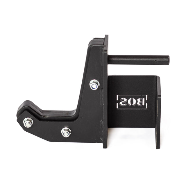 The Bells of Steel Sandwich J-Cups are black metal brackets with bolts and a cylindrical pin, featuring "BOS" cut out on one side—ideal heavy-duty accessories for your squat rack. Photographed on a white background.