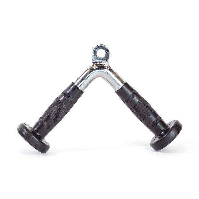 The Bells of Steel Tricep Pressdown With Ergo Handgrips features a V-shaped metal cable attachment with ergonomic grips and round ends, ideal for tricep pressdown exercises on cable machines.