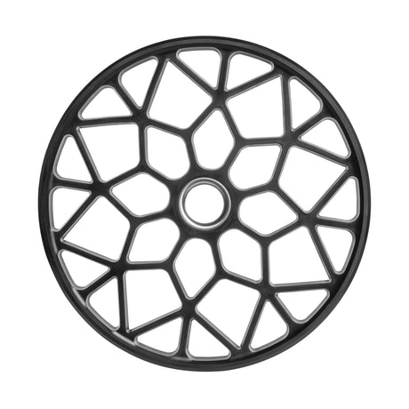 A circular, abstract geometric design resembling a web of interconnected lines forms a symmetrical pattern like stacked Bells of Steel Technique Plates - 5 Lbs (Pair) on a plain white background.