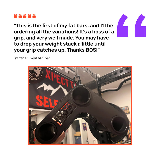 A close-up of a Bells of Steel Fat Bar T-Bar Row Cable Attachment on gym equipment, with a bold user review above praising its grip strength, quality, and durability.