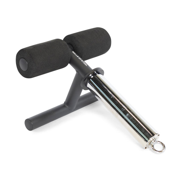 The Bells of Steel Tibialis Trainer Bar features two foam pads and a chrome anchor tube, securing your feet during ab exercises and supporting knee injury prevention.
