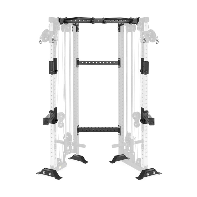 The Bells of Steel Functional Trainer Cable Tower, in black and gray, features adjustable pulleys and handles for cable exercises. It includes a conversion kit for versatility in workouts like pull-ups and resistance training with its frame offering mounting points.