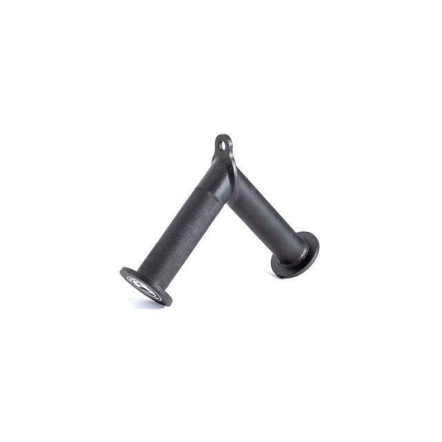 The Bells of Steel Fat Bar - Tricep Pressdown is a pair of black handlebar grips with flared ends and a loop on one grip, positioned in a “V” shape—perfect for improving grip strength during workouts.