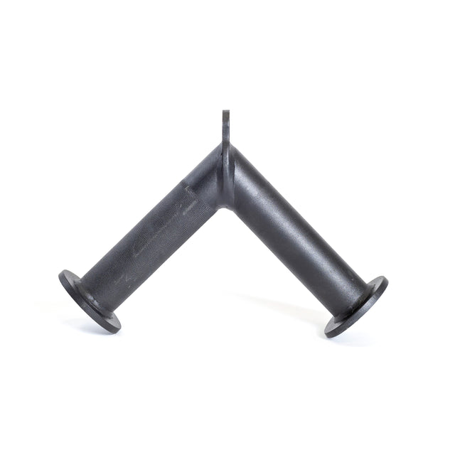 The Bells of Steel Fat Bar - Tricep Pressdown is a black metal Y-shaped pipe with flanges on each end, designed for tricep exercises, shown standing upright against a plain white background.