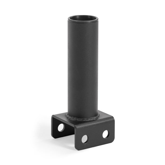 The Bells of Steel Hydra Vertical Bar Holder for Flat Foot is a black metal holder with a welded cylindrical tube on a rectangular base with four mounting holes, ideal for home gym organization or attaching to a Hydra power rack.
