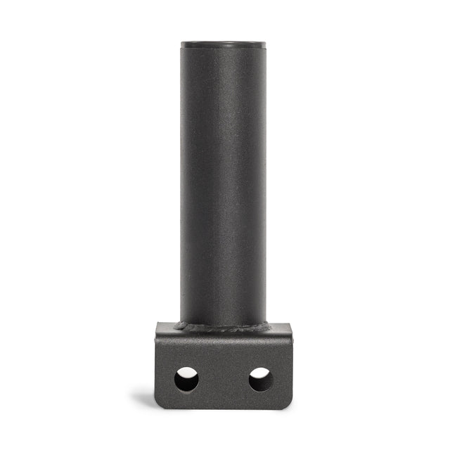 The Bells of Steel Hydra Vertical Bar Holder for Flat Foot is a black metal cylindrical holder with a square base featuring two round holes, ideal for organizing barbells in Hydra power rack setups or home gyms, shown on a white background.