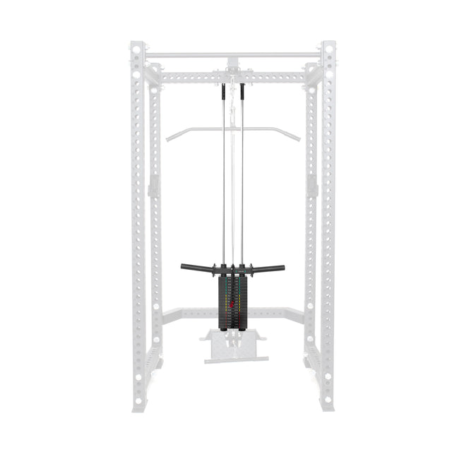 A Bells of Steel Hydra / Manticore Lat Pulldown Plate Loaded to Selectorized Upgrade Kit with upgraded handles and weight stack is installed inside the power rack, featuring a faded white frame that contrasts with the black stack and pulleys.