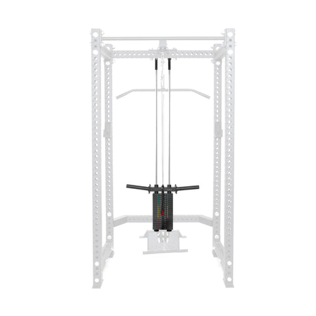 The Bells of Steel Hydra / Manticore Lat Pulldown Plate Loaded to Selectorized Upgrade Kit features a selectorized system with a lat pulldown/low row station, weight stack, and black metal handles, displayed against a white background.