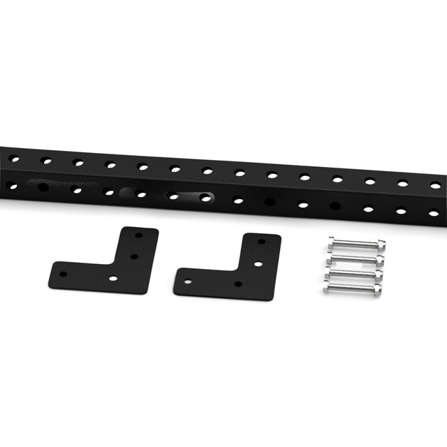 The Bells of Steel Back Upright Attachment for Cable Tower includes black metal brackets, two L-shaped plates, and four sets of screws and nuts—perfect for assembling or upgrading your Cable Tower Upright setup.