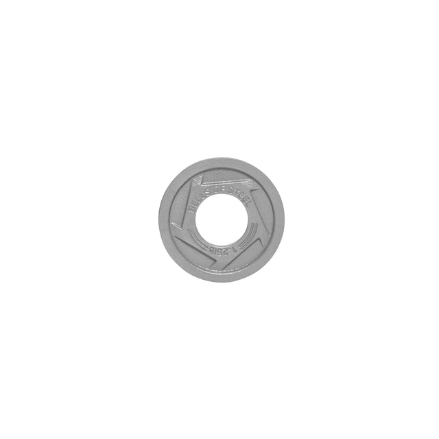 Black and white image of a round metal washer engraved with "STAINLESS STEEL" and "DIN 125-A," designed like Bells of Steel's Gray Mighty Grip Olympic Weight Plates, featuring a central hole and isolated on a white background.