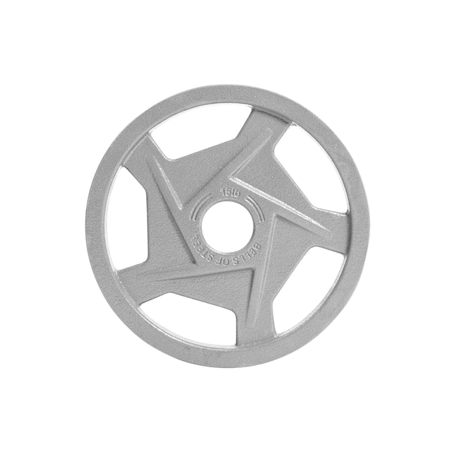 A gray, star-shaped Olympic weight plate with "15 LB" engraved features five triangular sections and a smooth edge. The durable hammertone powder coat finish highlights the "Bells of Steel" branding on the Gray Mighty Grip Weight Plates.