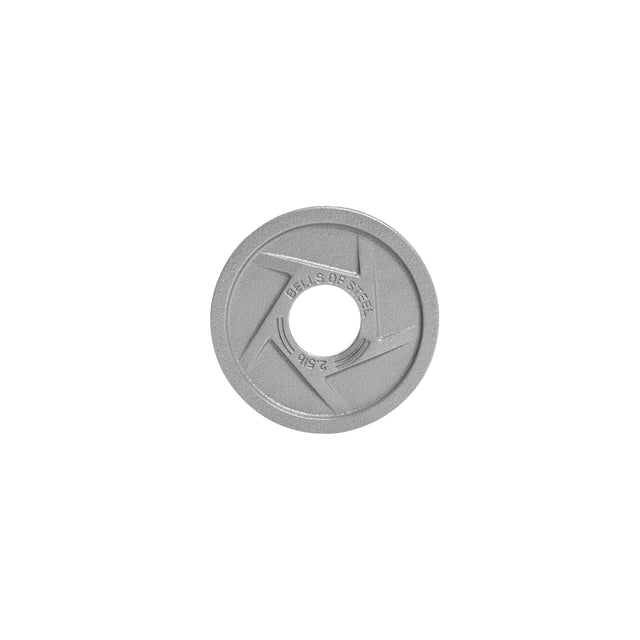 The Bells of Steel Gray Mighty Grip Olympic Weight Plate is ergonomically designed with a central hole, featuring a star imprint reading "Bells of Steel" and "2.5 LB," and showcases its textured surface against a white background.