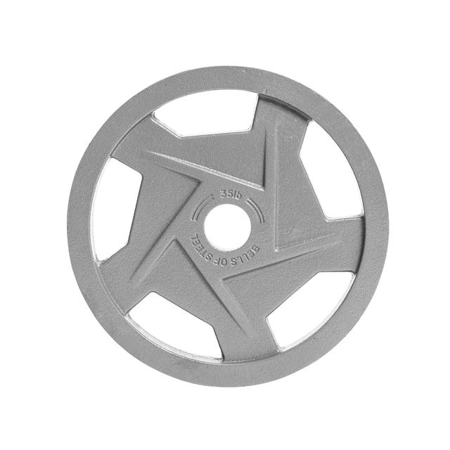 The Gray Mighty Grip Olympic Weight Plate from Bells of Steel boasts a round, metallic, ergonomic five-spoke design. It has a "Bells of Steel" and "35LB" center text, enhanced with a hammertone powder coat, all set against a plain white background.
