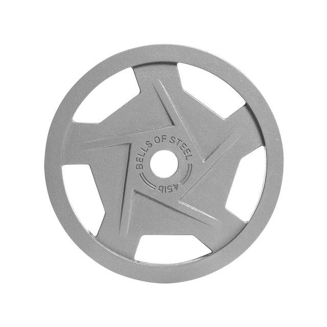 The Gray Mighty Grip Olympic Weight Plates by Bells of Steel feature an ergonomic design with star-shaped cut-outs near the center, a smooth outer edge engraved with "BELLS OF STEEL 45 LB," and a durable hammertone powder coat finish, making them perfect for lifting exercises.