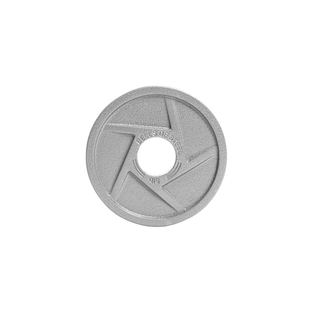 The Gray Mighty Grip Olympic Weight Plates by Bells of Steel are flat, round with a central hole, and embossed star pattern. Made from gray cast iron, they feature weight details and brand markings. Ergonomically designed, they're photographed on a white background.