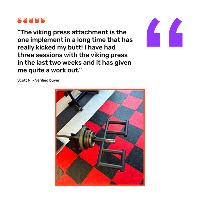 A customer review appears above a photo of the Bells of Steel Viking Press Attachment loaded on an Olympic bar with weights on a red and black gym floor, praising it for delivering an intense landmine workout.