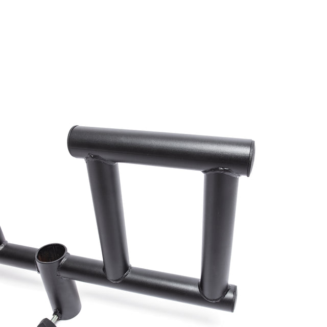 Close-up of the Bells of Steel Viking Press Attachment, a black metal accessory with parallel grip bars for 2" Olympic bars, ideal for landmine weightlifting exercises, shown against a white background.