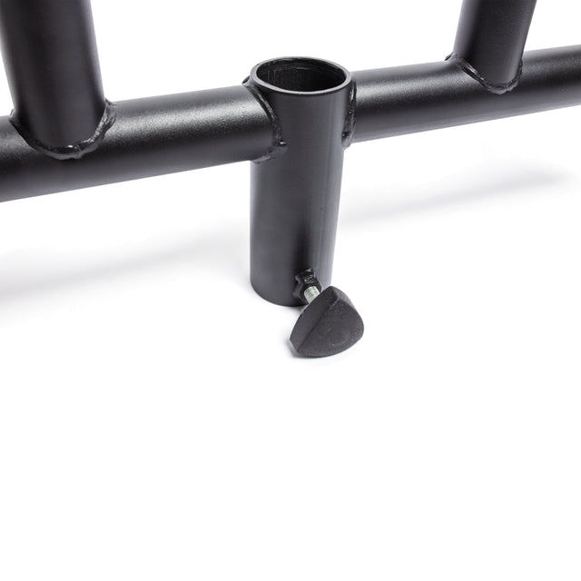 Close-up of the Bells of Steel Viking Press Attachment, a black metal accessory with a vertical cylindrical support, round adjustment knob at the base, and 2" Olympic bar compatibility, shown against a white background.