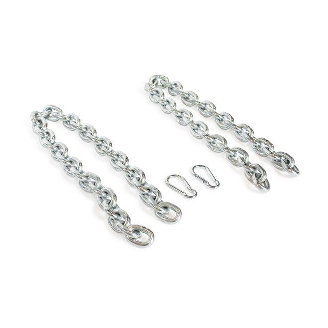 Two Bells of Steel Chain Weight Vest chains and two metal snap hooks are arranged parallel on a white background, with the snap hooks placed between the chains—ideal for strength training.