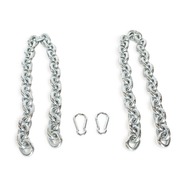 The Bells of Steel Chain Weight Vest is displayed with two parallel silver weighted chains and metal carabiner clips on a white background—ideal for boosting resistance in strength training or cardio workouts.