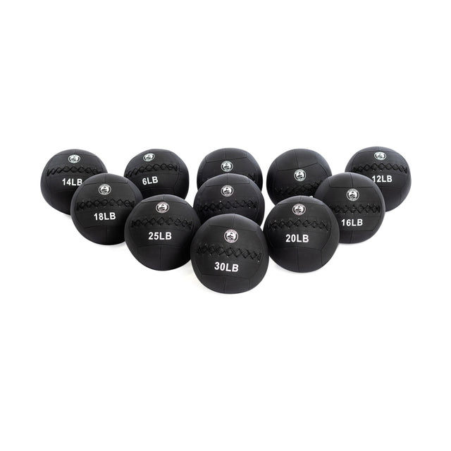 The Triple Stitched Medicine Balls by Bells of Steel sport a durable Kevlar shell, perfect for varied workouts. Available in 6LB to 30LB, each ball features a textured surface and central logo with clear weight labeling.