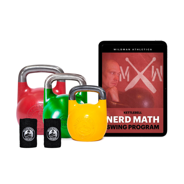 The vibrant ProGrade kettlebells in red, green, and yellow are paired with two black wrist wraps and a tablet showcasing the "Wildman Swing Program Kettlebell Bundle" by Bells of Steel, featuring crossed kettlebells. Perfect for improving your swing technique with this complete fitness program.