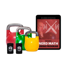 The vibrant ProGrade kettlebells in red, green, and yellow are paired with two black wrist wraps and a tablet showcasing the "Wildman Swing Program Kettlebell Bundle" by Bells of Steel, featuring crossed kettlebells. Perfect for improving your swing technique with this complete fitness program.