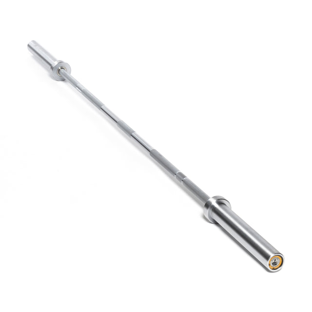 The Bells of Steel Oly Lifting Needle Bearing Bar - Women's, featuring a 25mm knurled shaft and rotating sleeves, is shown diagonally on a white background.