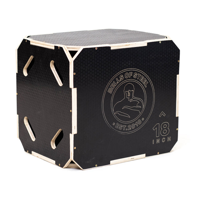 The Bells of Steel 3 in 1 Anti-Slip Wood Plyo Box features black wood, anti-slip ventilation cutouts, and "18 inch" marking. Ideal for fitness and plyometric training in your home gym.