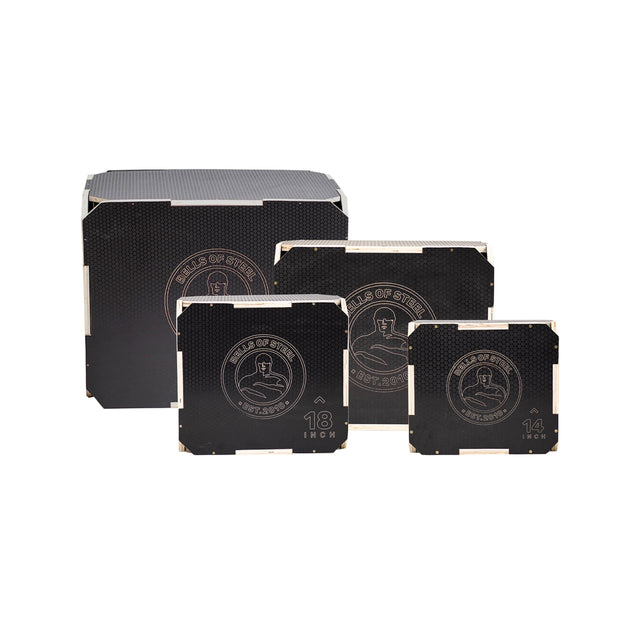 Three black Bells of Steel 3 in 1 Anti-Slip Wood Plyo Boxes in various sizes, each with a circular logo and text, are displayed in front of a matching anti-slip base box on a white background.