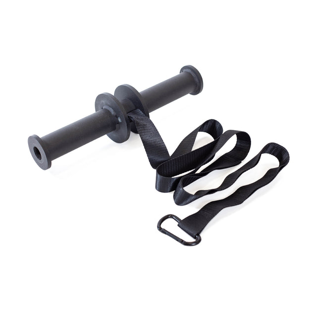 Bells of Steel Wrist Roller and Rack Attachment features a black plastic handle with two round stoppers, an adjustable strap, and a metal carabiner—perfect for grip strength training. Shown on a white background.