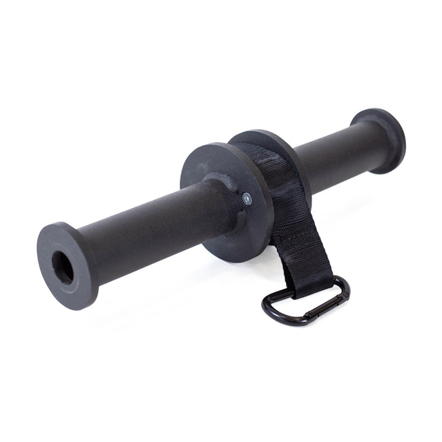 The Bells of Steel Wrist Roller and Rack Attachment is a black grip and forearm training device with dual handles, a central spool, and a strap with metal carabiner, shown on a white background.