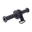 The Bells of Steel Wrist Roller and Rack Attachment features a black cylindrical handle with a central rotating grip, an attached black strap, and a metal D-ring. Ideal for enhancing forearm and grip strength, it can serve as a versatile rack attachment.