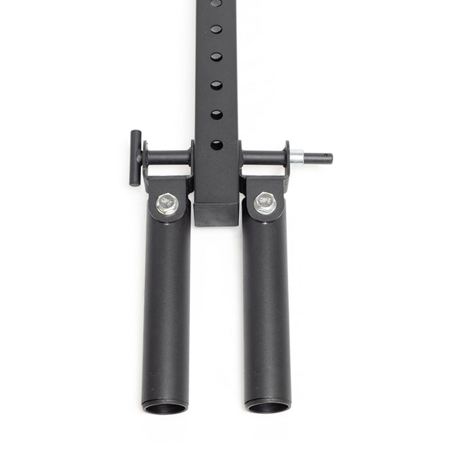 The Bells of Steel Double Landmine Pin for 5/8" Holes is a black metal home gym attachment with two cylindrical sleeves, bolts, and an upright piece with multiple adjustment holes—perfect for unilateral exercises. Shown from above on a white background.