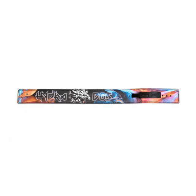 A vibrant, rectangular Lever Belt by Bells of Steel with blue, orange, and black patterns, bold graffiti-style "HYDRO" and "DOS" text on the frontâpowerlifting-inspiredâand a digital display on the right side.
