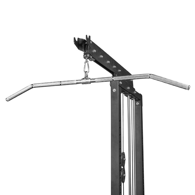 The Bells of Steel Lat Pulldown Bar features a wide grip and is mounted on a cable machine pulley system, ideal for targeting back muscles during strength training.