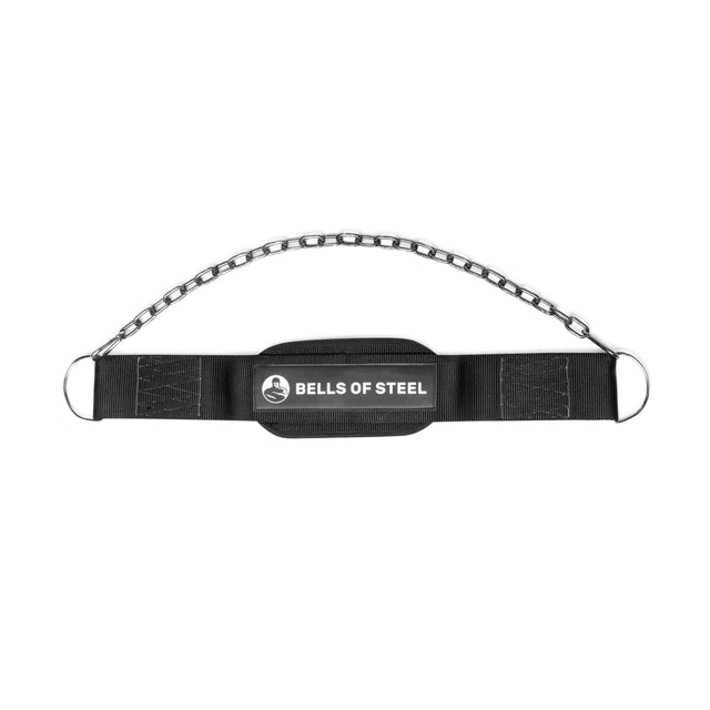 The Bells of Steel Dip Belt is a black belt with a padded strap and metal chain, ideal for adding weights during bodyweight training.