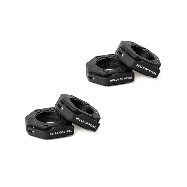 Four Bells of Steel Magnetic Clamp Collars, displaying the brandâs name, are arranged in angled pairs against a white background.