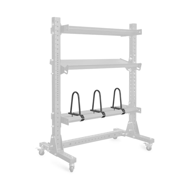 A pack of three Bells of Steel Dividers for Bumper Plate Shelf, shown on a faded rack with black U-shaped holders attached to the lower shelf.
