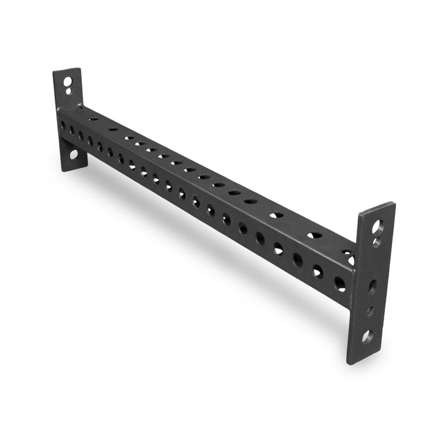 The Bells of Steel Crossmember For Converter Bench - 43" is a black metal bracket with rectangular end plates and a central beam featuring multiple round holes in a straight line, perfect for rack setups or as a converter bench support, shown on a white background.