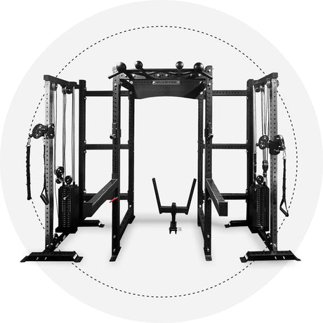The Hydra Trident Station by Bells of Steel is a sleek black power station offering multifunctional capabilities with cable pulleys, bars, and attachments. Set against a white background decorated with a dotted circle design, this versatile equipment includes Weight Stack Cable Towers for enhanced workout flexibility.