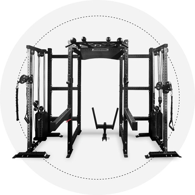 The Hydra Trident Station by Bells of Steel is a sleek black power station offering multifunctional capabilities with cable pulleys, bars, and attachments. Set against a white background decorated with a dotted circle design, this versatile equipment includes Weight Stack Cable Towers for enhanced workout flexibility.
