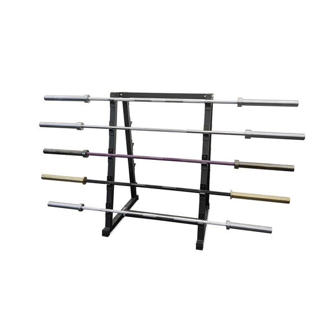 Six weightlifting barbells are stored on the Bells of Steel Fixed Barbell Rack, each resting on a separate tier at varying heights against a white background.