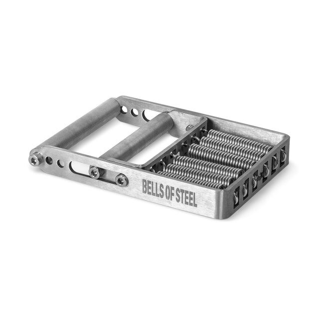 The Bells of Steel Adjustable Forearm Heavy Trainer features knurled metal handles, multiple tension springs, and "BELLS OF STEEL" engraving—ideal for progressive overload in your grip training routine.