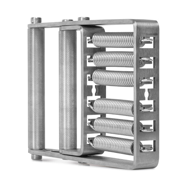 The Bells of Steel Adjustable Forearm Heavy Trainer features textured handles, six parallel resistance springs, and stainless steel construction for resistance training. The product is shown against a white background.